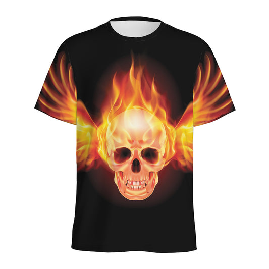 Flaming Skull With Fire Wings Print Men's Sports T-Shirt