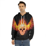 Flaming Skull With Fire Wings Print Men's Velvet Pullover Hoodie