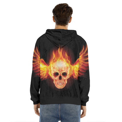 Flaming Skull With Fire Wings Print Men's Velvet Pullover Hoodie