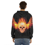 Flaming Skull With Fire Wings Print Men's Velvet Pullover Hoodie