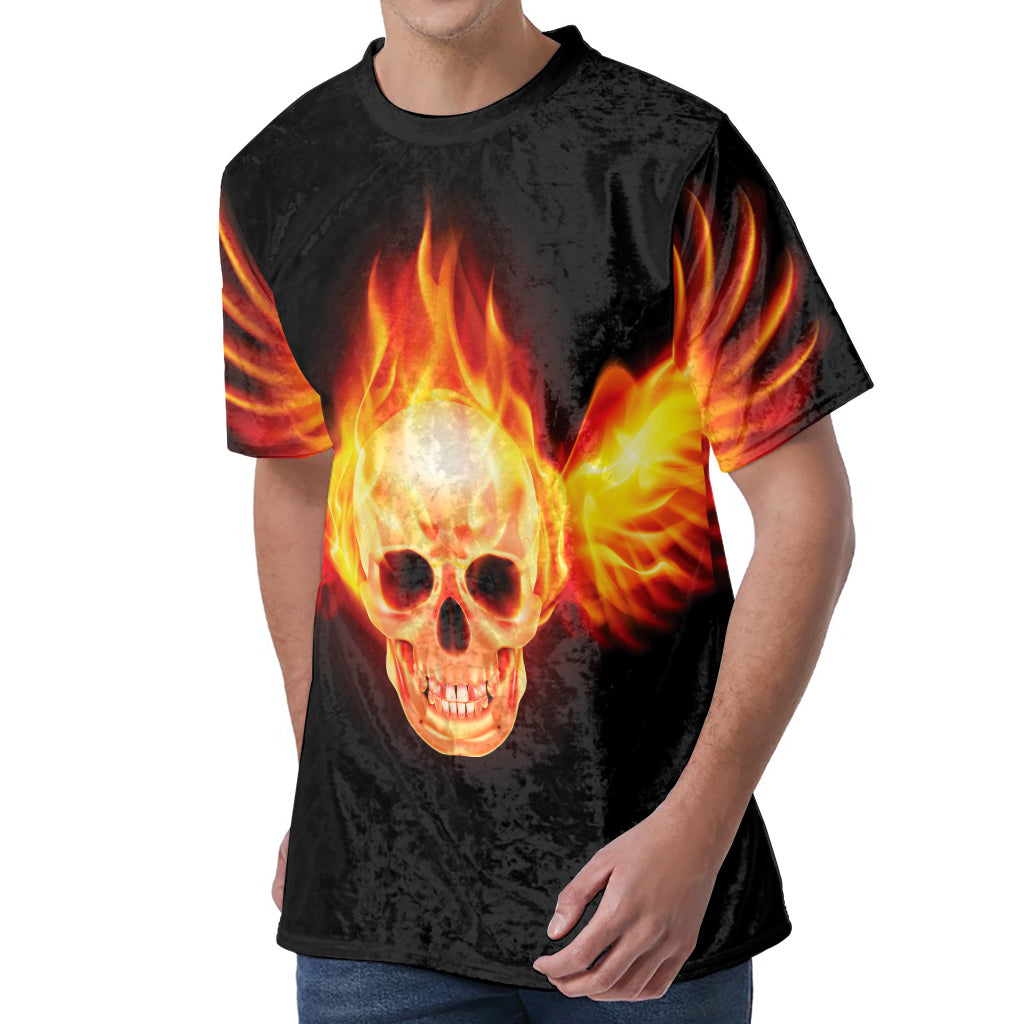 Flaming Skull With Fire Wings Print Men's Velvet T-Shirt