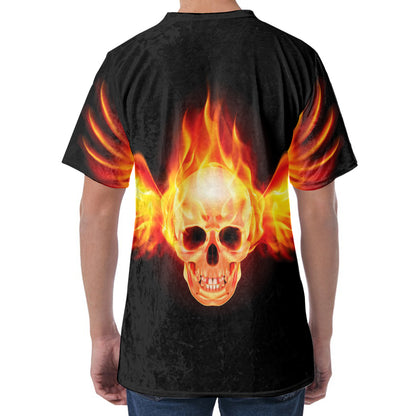 Flaming Skull With Fire Wings Print Men's Velvet T-Shirt