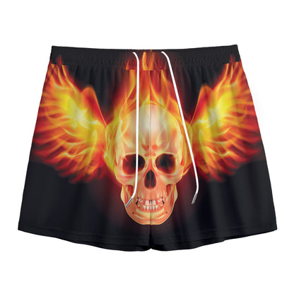 Flaming Skull With Fire Wings Print Mesh Shorts