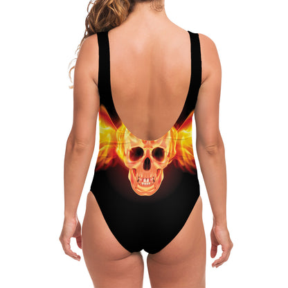 Flaming Skull With Fire Wings Print One Piece Swimsuit