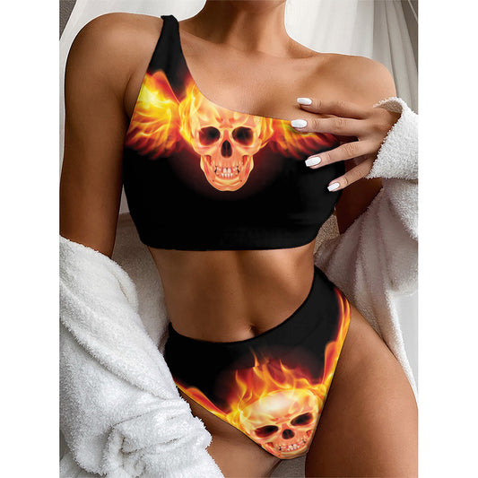 Flaming Skull With Fire Wings Print One Shoulder Bikini Top