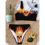 Flaming Skull With Fire Wings Print One Shoulder Bikini Top