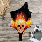 Flaming Skull With Fire Wings Print One Shoulder Bodysuit