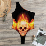 Flaming Skull With Fire Wings Print One Shoulder Bodysuit