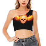 Flaming Skull With Fire Wings Print One Shoulder Crop Top