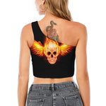 Flaming Skull With Fire Wings Print One Shoulder Crop Top