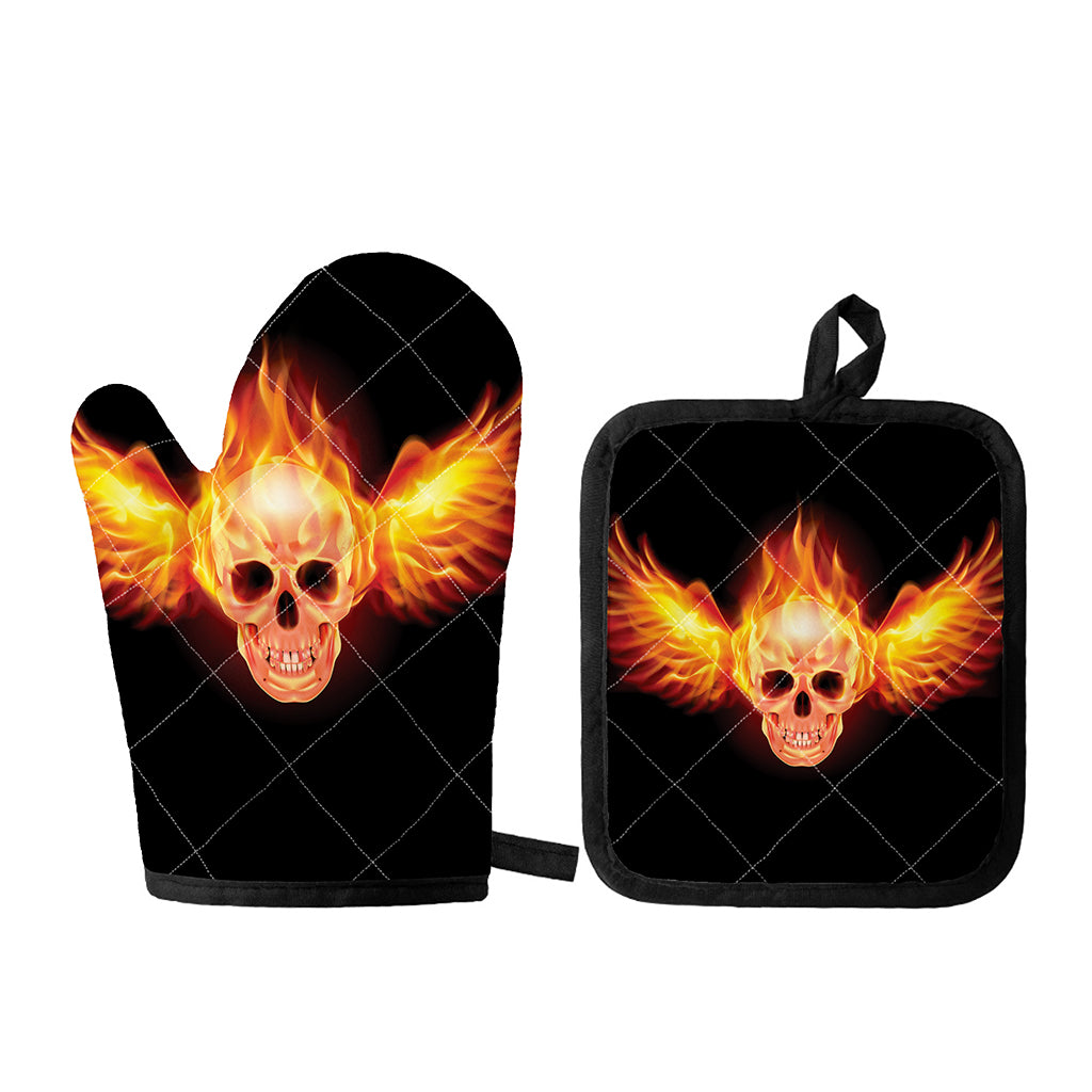 Flaming Skull With Fire Wings Print Oven Mitt And Pot Holder Set