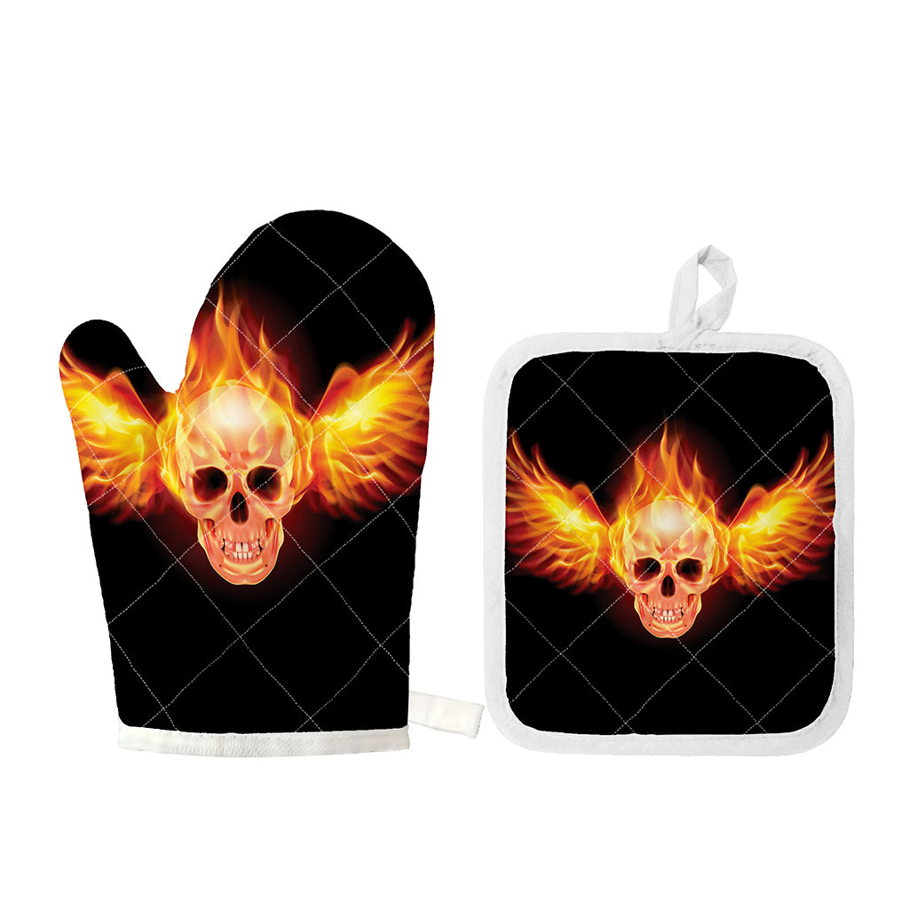 Flaming Skull With Fire Wings Print Oven Mitt And Pot Holder Set