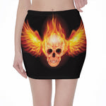 Flaming Skull With Fire Wings Print Pencil Mini Skirt