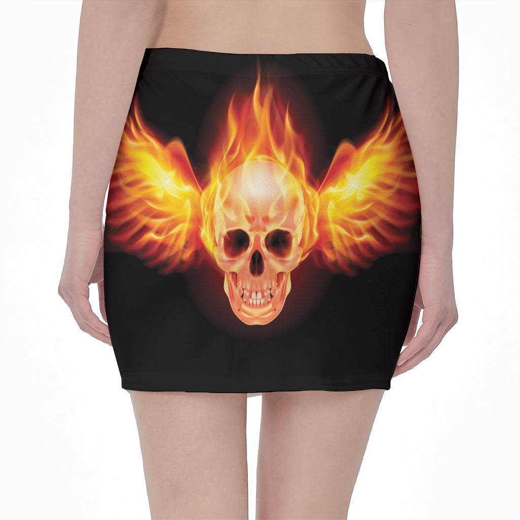 Flaming Skull With Fire Wings Print Pencil Mini Skirt