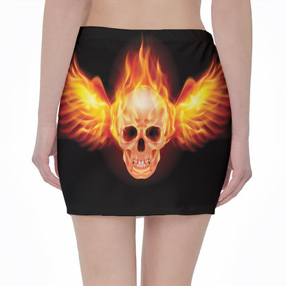 Flaming Skull With Fire Wings Print Pencil Mini Skirt