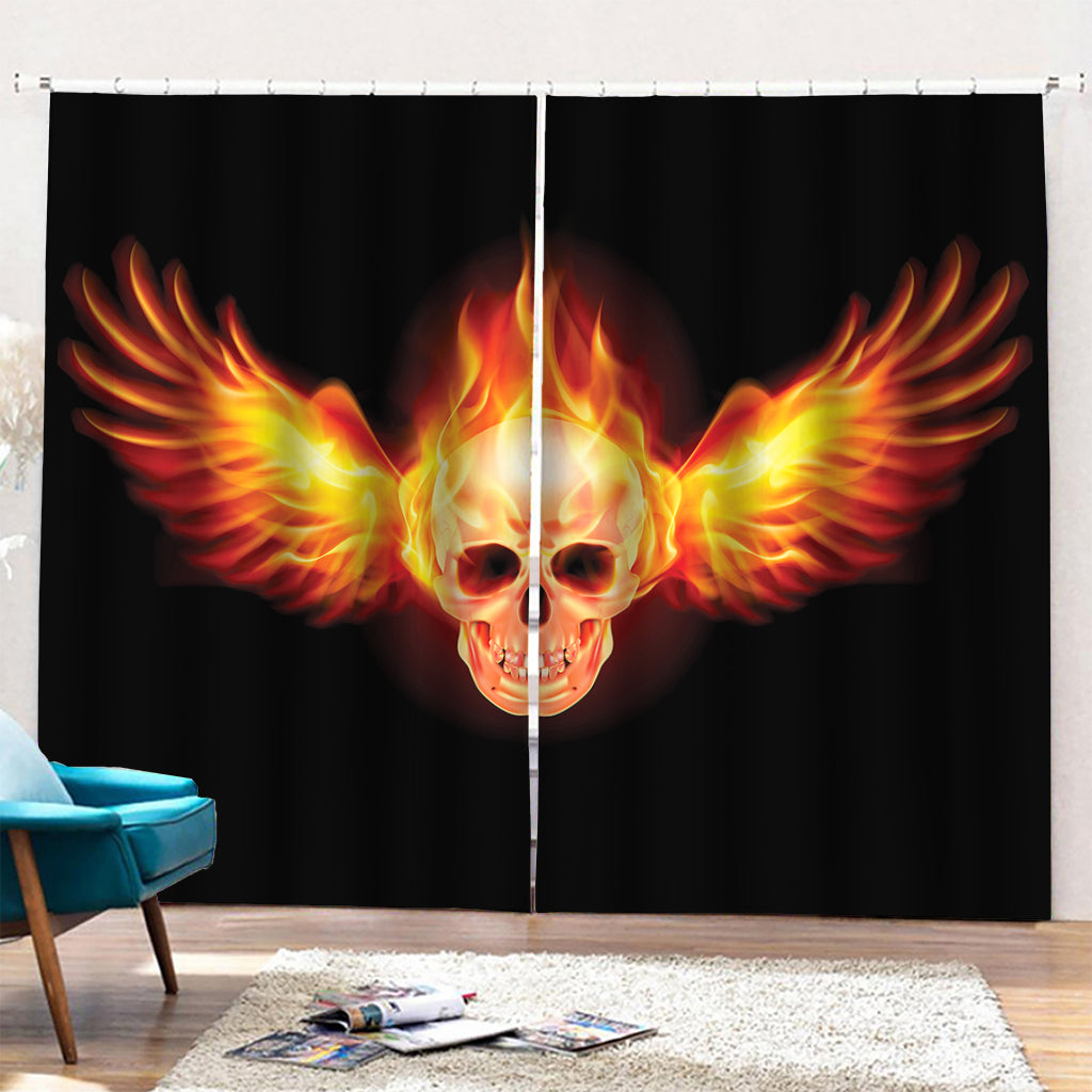Flaming Skull With Fire Wings Print Pencil Pleat Curtains