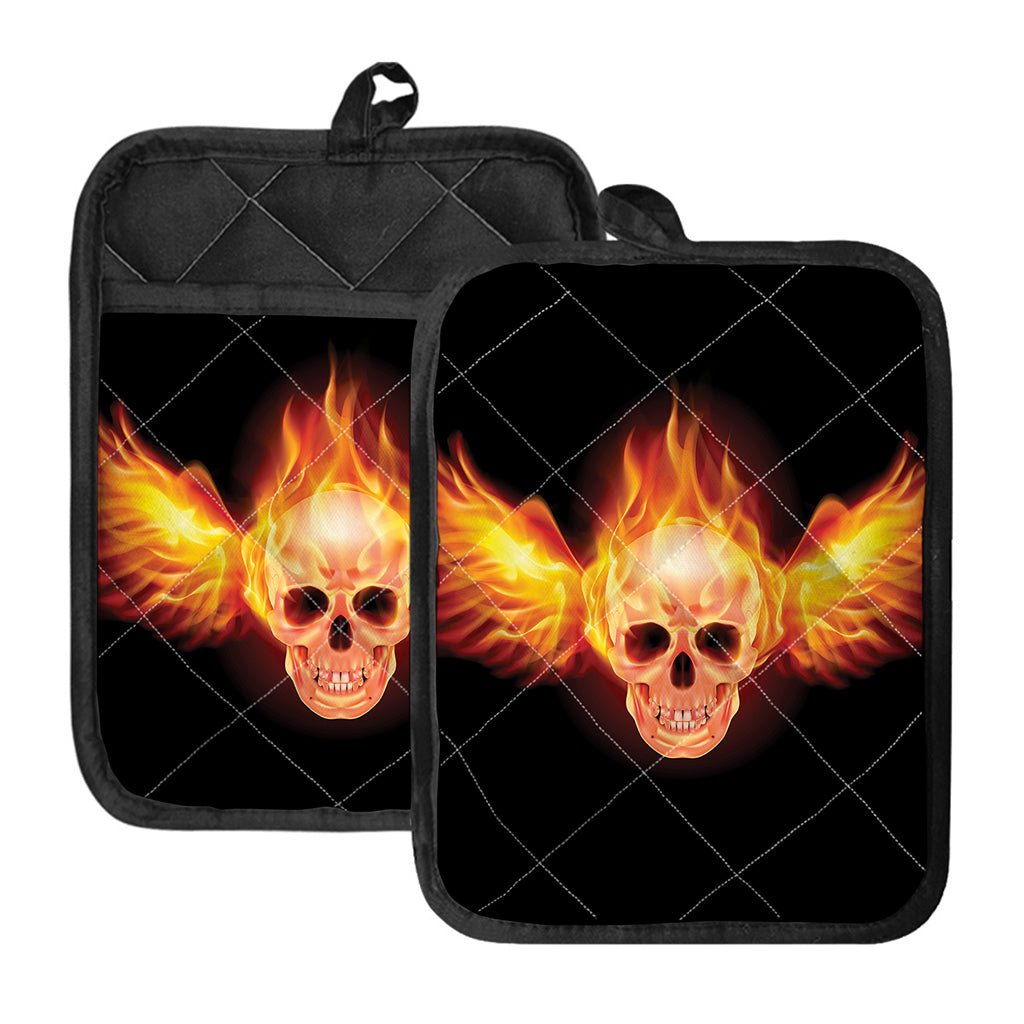 Flaming Skull With Fire Wings Print Pot Holders With Pocket