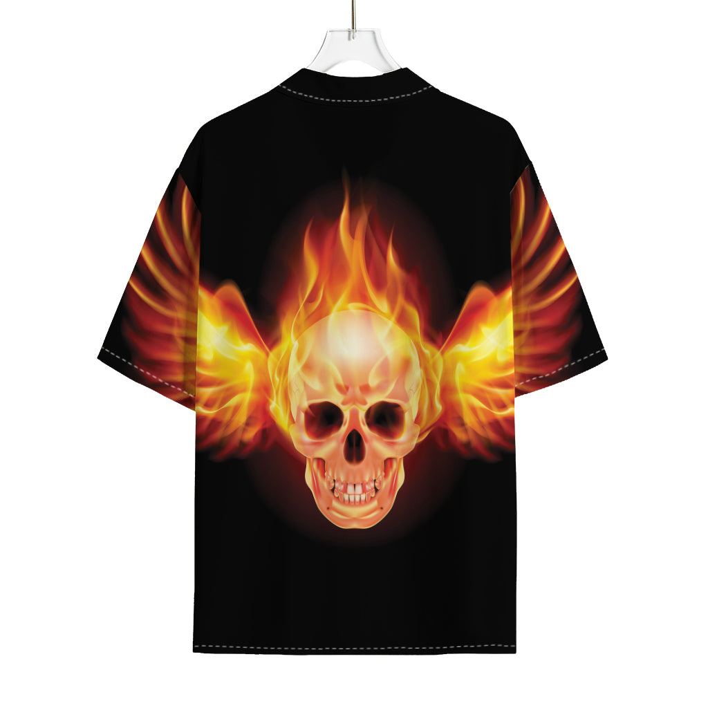 Flaming Skull With Fire Wings Print Rayon Hawaiian Shirt