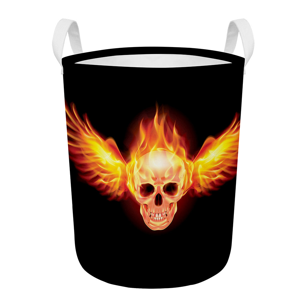 Flaming Skull With Fire Wings Print Round Laundry Basket