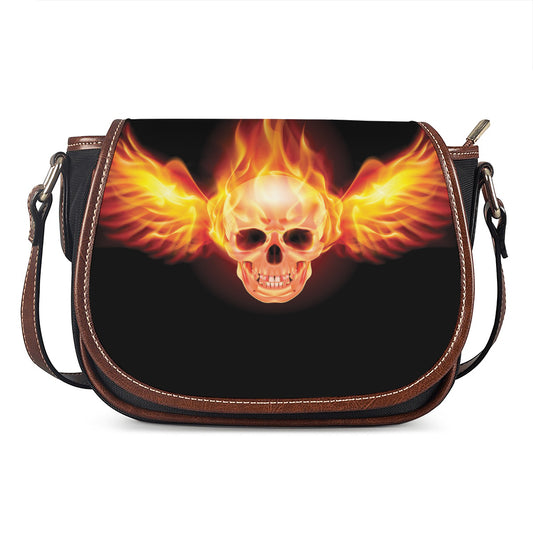 Flaming Skull With Fire Wings Print Saddle Bag