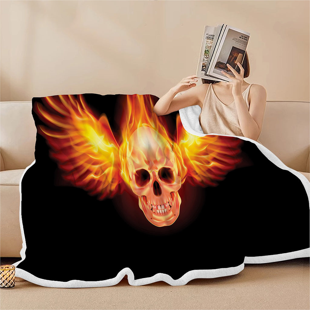 Flaming Skull With Fire Wings Print Sherpa Blanket