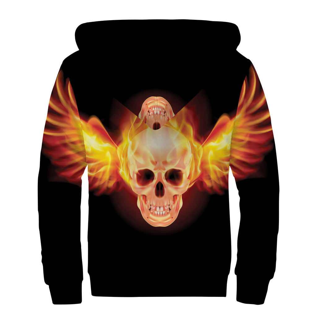 Flaming Skull With Fire Wings Print Sherpa Lined Zip Up Hoodie