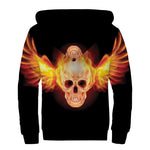 Flaming Skull With Fire Wings Print Sherpa Lined Zip Up Hoodie