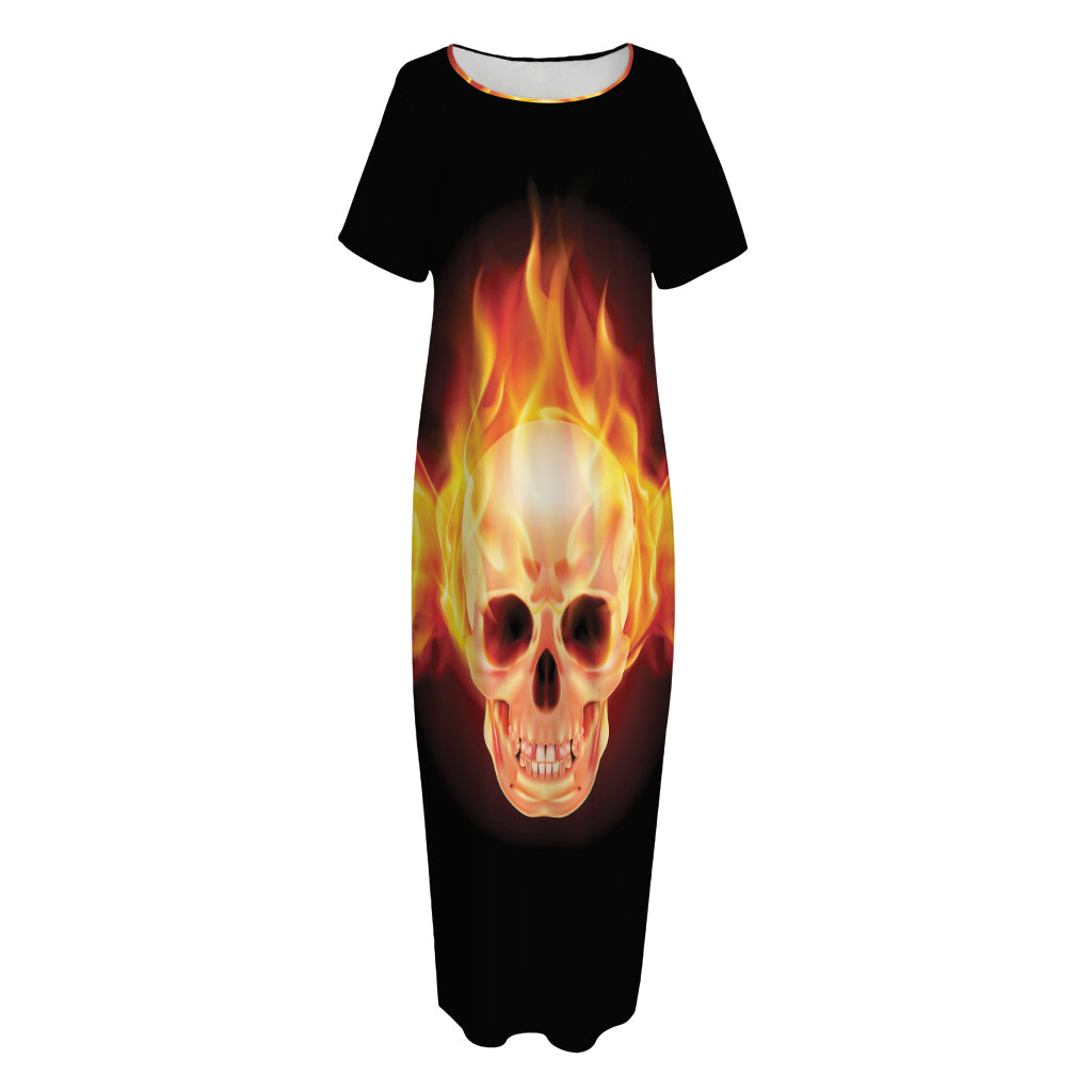 Flaming Skull With Fire Wings Print Short Sleeve Long Nightdress