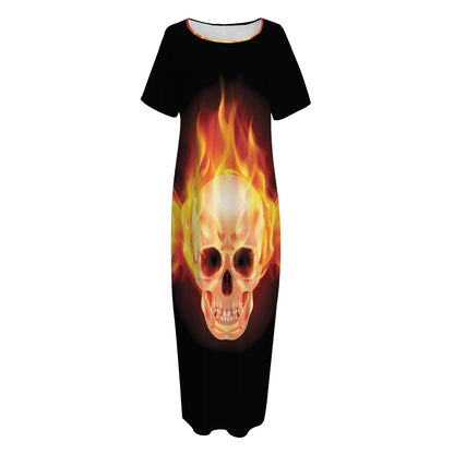 Flaming Skull With Fire Wings Print Short Sleeve Long Nightdress