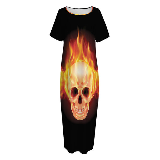 Flaming Skull With Fire Wings Print Short Sleeve Long Nightdress