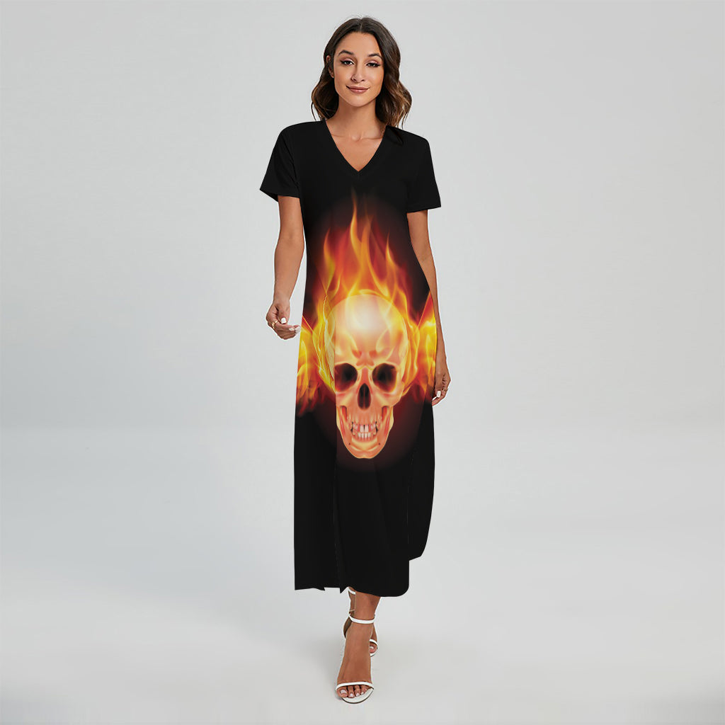 Flaming Skull With Fire Wings Print Short Sleeve Maxi Dress