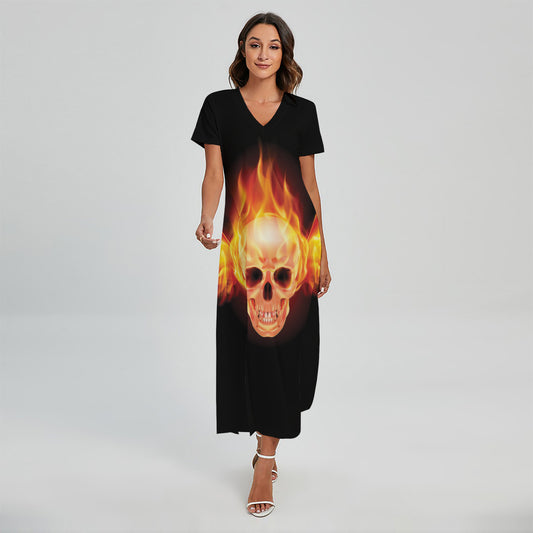 Flaming Skull With Fire Wings Print Short Sleeve Maxi Dress