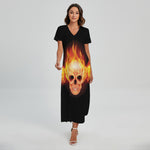 Flaming Skull With Fire Wings Print Short Sleeve Maxi Dress