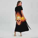 Flaming Skull With Fire Wings Print Short Sleeve Maxi Dress