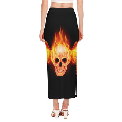 Flaming Skull With Fire Wings Print Side Slit Maxi Skirt