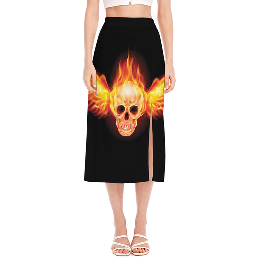 Flaming Skull With Fire Wings Print Side Slit Midi Skirt