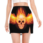 Flaming Skull With Fire Wings Print Side Slit Mini Skirt