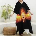 Flaming Skull With Fire Wings Print Silk V-Neck Kaftan Dress