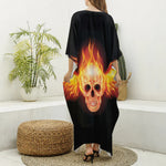 Flaming Skull With Fire Wings Print Silk V-Neck Kaftan Dress