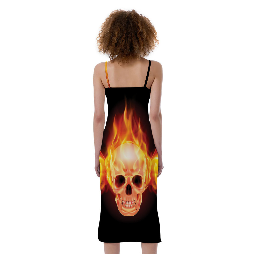 Flaming Skull With Fire Wings Print Slim Fit Midi Cami Dress