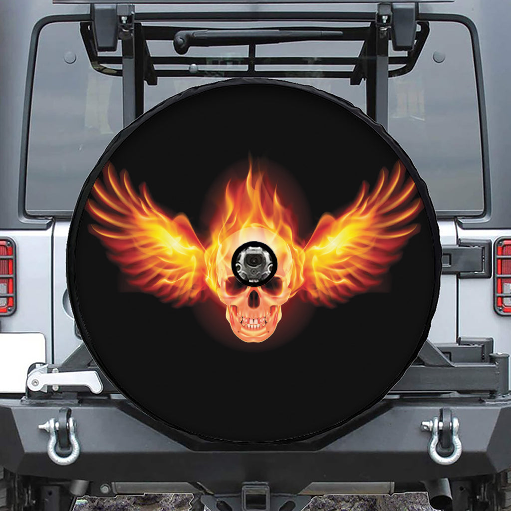 Flaming Skull With Fire Wings Print Tire Cover With Camera Hole