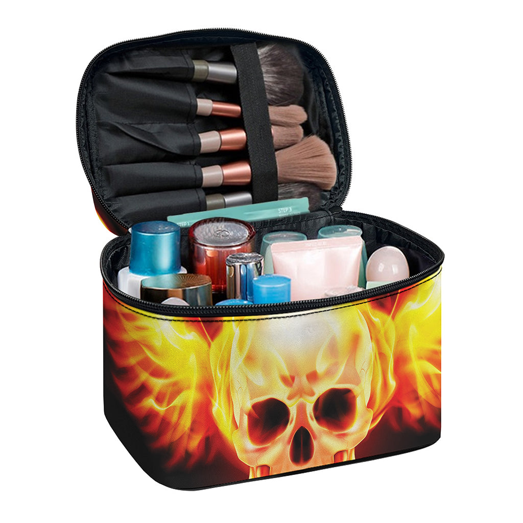 Flaming Skull With Fire Wings Print Travel Makeup Bag