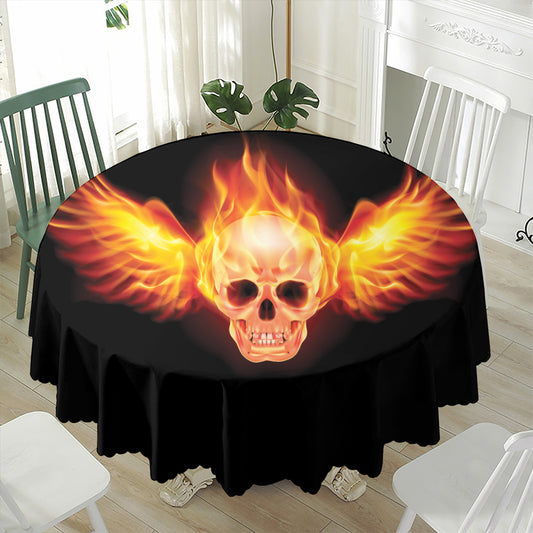 Flaming Skull With Fire Wings Print Waterproof Round Tablecloth