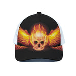 Flaming Skull With Fire Wings Print White Mesh Trucker Cap