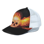 Flaming Skull With Fire Wings Print White Mesh Trucker Cap