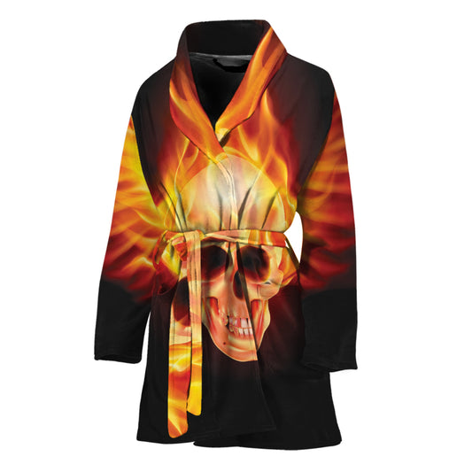 Flaming Skull With Fire Wings Print Women's Bathrobe