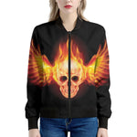 Flaming Skull With Fire Wings Print Women's Bomber Jacket