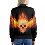 Flaming Skull With Fire Wings Print Women's Bomber Jacket