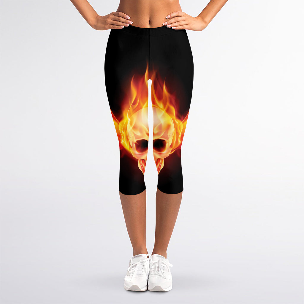 Flaming Skull With Fire Wings Print Women's Capri Leggings