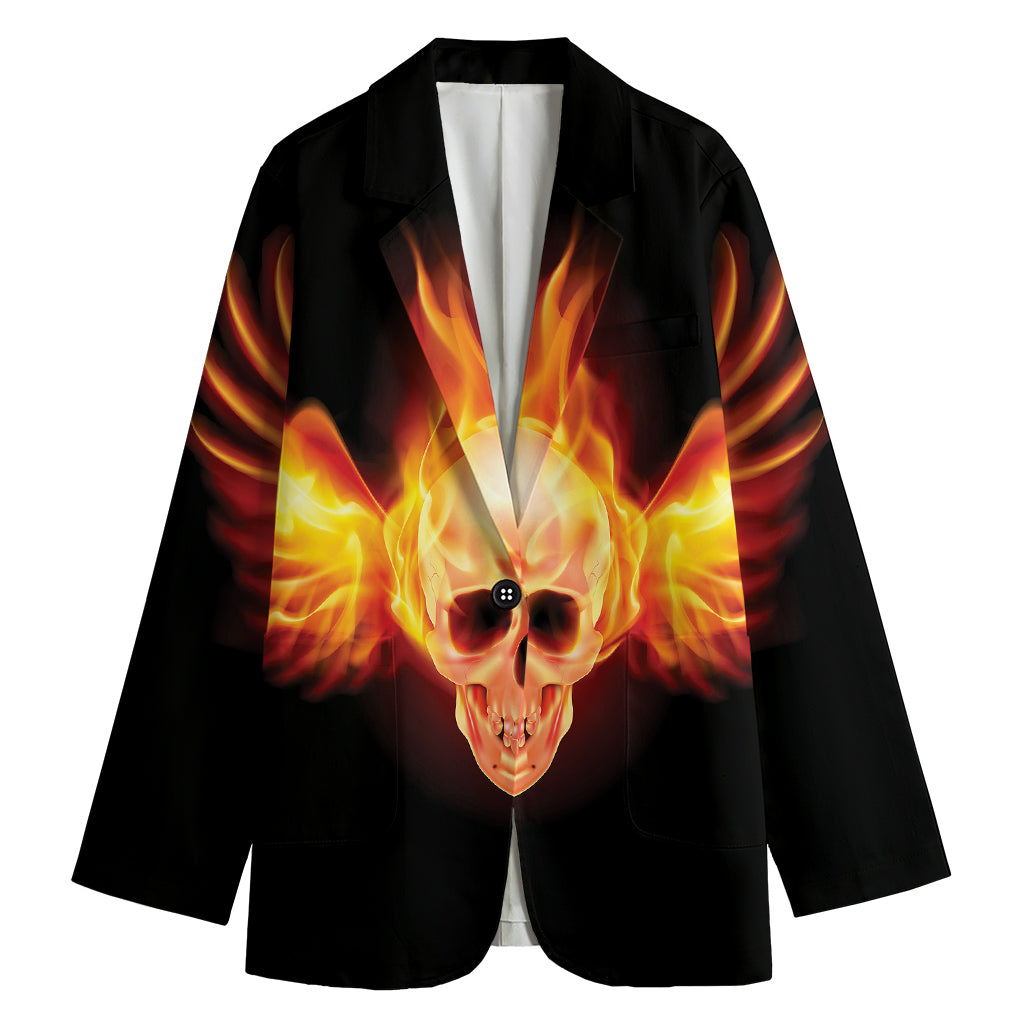 Flaming Skull With Fire Wings Print Women's Cotton Blazer
